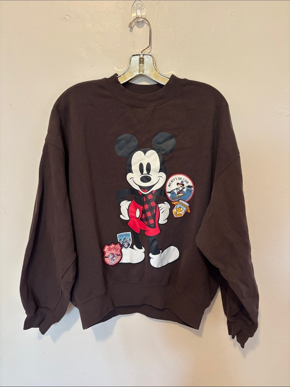 Disney Brown Crewneck Sweatshirt with Mickey Graphic and Red Accents